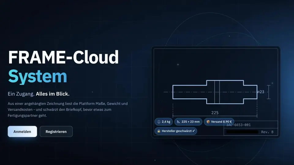 FRAME-Cloud-System: liest aus einer Zeichnung Maße, Gewicht und Versandkosten und schwärzt den Briefkopf