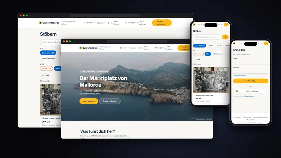 Online-Marktplatz mit Login, Suche und Inseraten am Desktop und am Handy