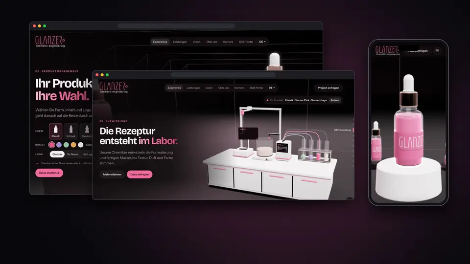 3D-Erlebnis-Webseite mit Produkt-Konfigurator, Labor-Szene und Handy-Ansicht