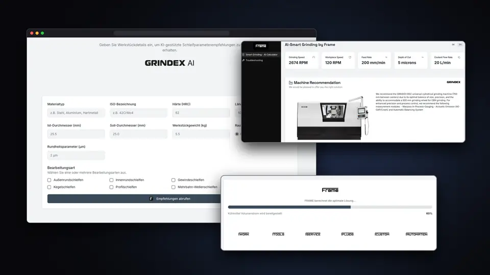 KI-Tool GRINDEX AI mit Eingabemaske, Maschinenempfehlung und Berechnung